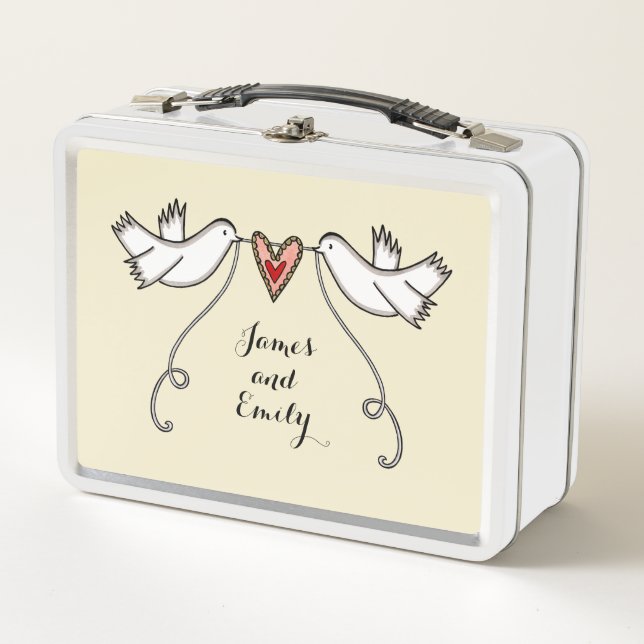 Personalized White Doves Wedding Metal Lunch Box (Front)