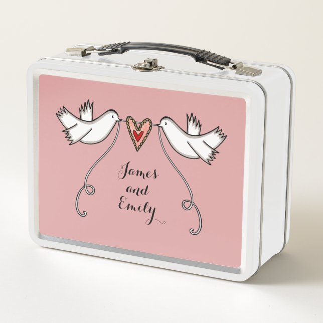 Personalized White Doves Wedding Metal Lunch Box (Front)