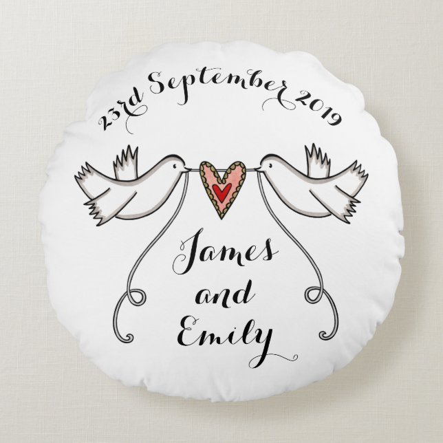 Personalized White Doves Wedding Round Cushion (Front)