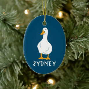 Personalized White Duck Illustration Navy Blue Ceramic Ornament