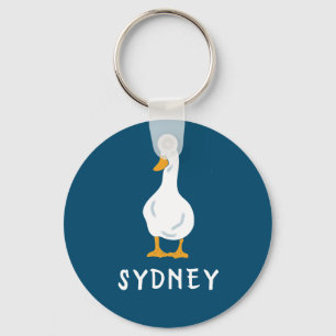 Personalized White Duck Illustration Navy Blue Key Ring