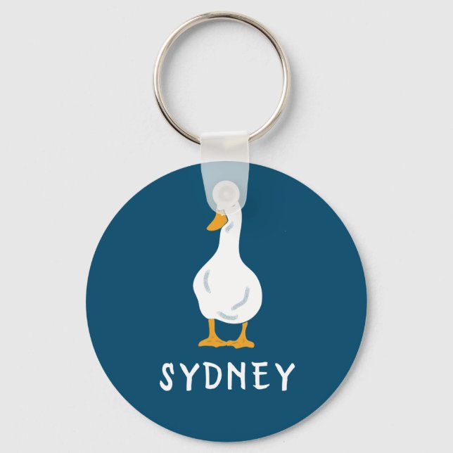 Personalized White Duck Illustration Navy Blue Key Ring (Front)