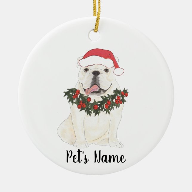 Personalized White English Bulldog Christmas Ceramic Ornament (Front)