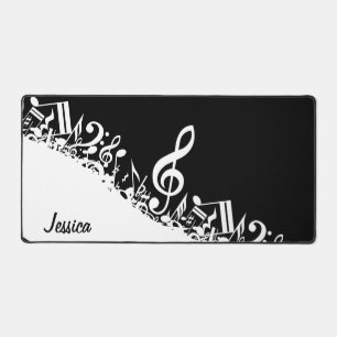 Personalized White Jumbled Musical Notes on Black Desk Mat