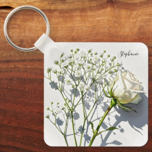 Personalized White Rose Floral Charm Key Ring
