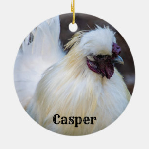 Personalized White Silkie Pet Chicken Rooster Ceramic Ornament