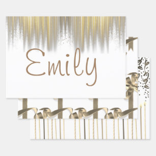 Personalized White with Gold Ribbons Birthday Wrapping Paper Sheet