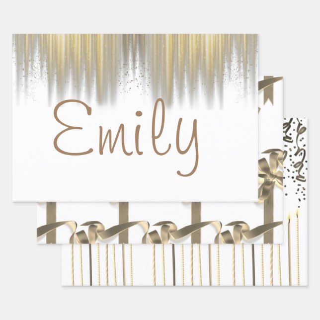 Personalized White with Gold Ribbons Birthday Wrapping Paper Sheet (Set)
