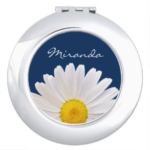 Personalized white yellow navy blue daisy flower compact mirror