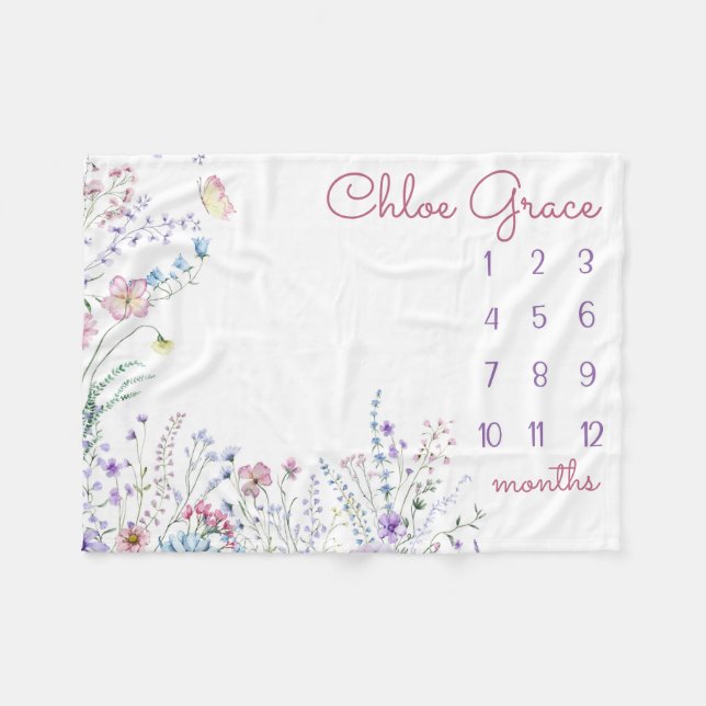 PERSONALIZED WILDFLOWER Baby Girl Milestone Blanke Fleece Blanket (Front (Horizontal))