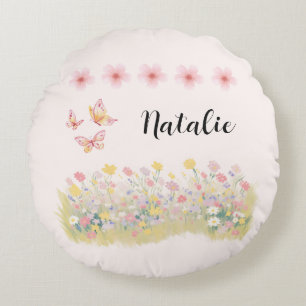 Personalized Wildflower & Butterfly Round Pillow