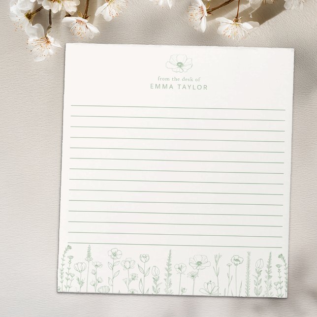 Personalized Wildflower Sage Green Desk Notepad (Sage Green Paper Pad)