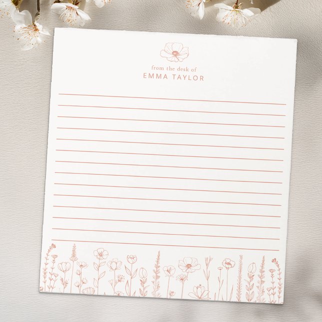 Personalized Wildflower Terracotta Desk Notepad (Terracotta Floral Paper Pad)