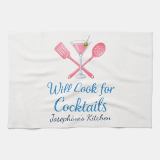 Personalized Will Cook for Cocktails Funny Elegant Tea Towel