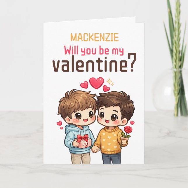 Personalized Will You Be My Valentine Gay Couple Holiday Card (Front)
