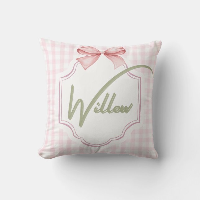 Personalized Willow Baby Girl Nursery Bow&Gingham  Cushion (Front)