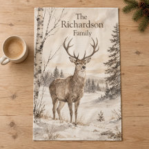 Personalized Winter Deer Family Kitchen Towel