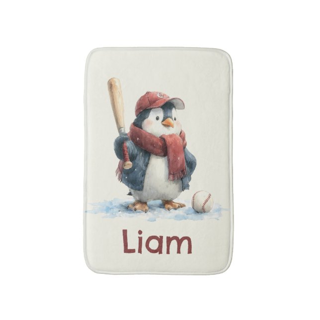 Personalized Winter Penguin Baseball Kid Bath Mat (Front Vertical)