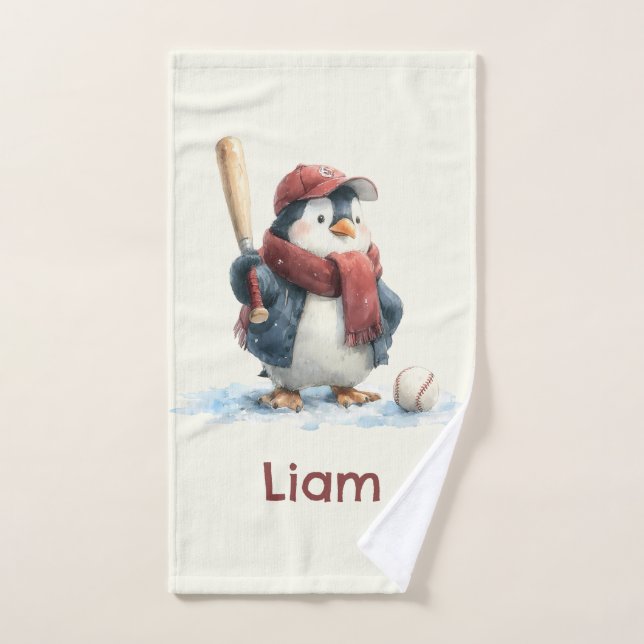 Personalized Winter Penguin Baseball Kid Bath Towel Set (Hand Towel)