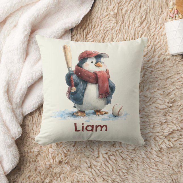 Personalized Winter Penguin Baseball Kid Cushion (Blanket)