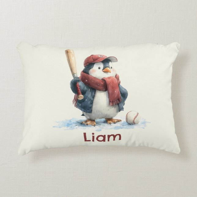 Personalized Winter Penguin Baseball Kid Decorative Cushion (Front)