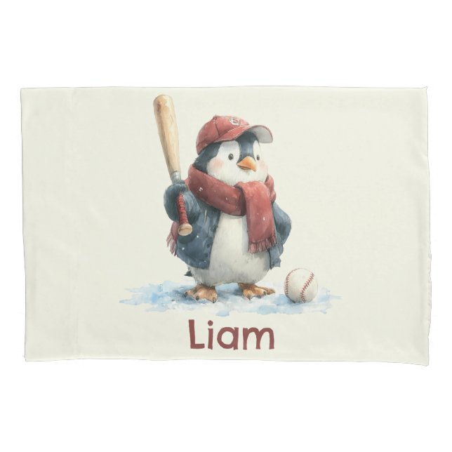 Personalized Winter Penguin Baseball Kid Pillowcase (Front)