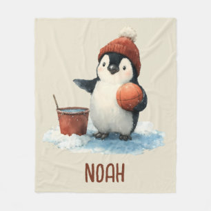 Personalized Winter Penguin Basketball Kid Fleece Blanket
