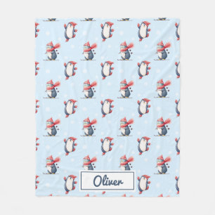 Personalized Winter Penguin Boys Fleece Blanket