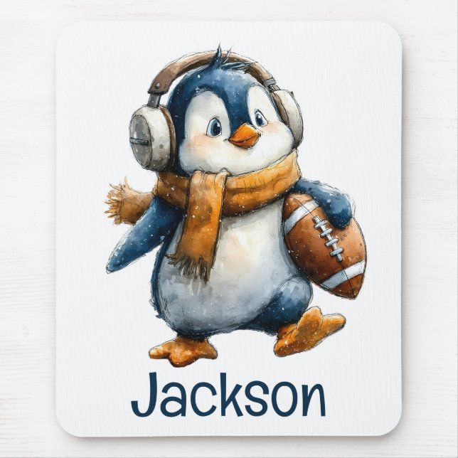 Personalized Winter Penguin Football Kid Mouse Pad (Front)