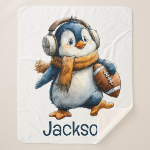 Personalized Winter Penguin Football Kid Sherpa Blanket