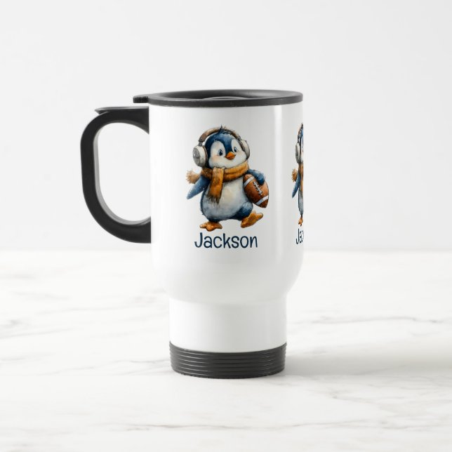 Personalized Winter Penguin Football Kid Travel Mug (Left)