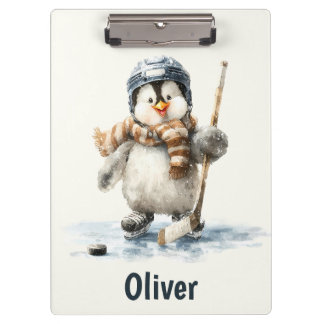 Personalized Winter Penguin Hockey Kid Clipboard