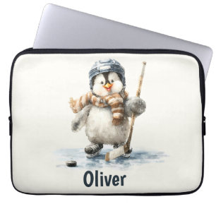 Personalized Winter Penguin Hockey Kid Laptop Sleeve
