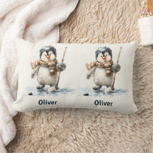 Personalized Winter Penguin Hockey Kid Lumbar Cushion