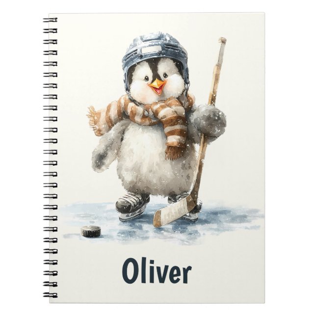 Personalized Winter Penguin Hockey Kid Notebook (Front)