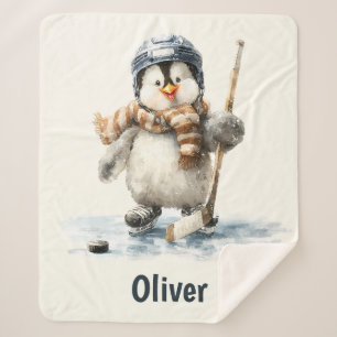 Personalized Winter Penguin Hockey Kid Sherpa Blanket