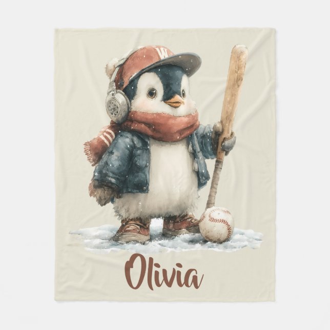 Personalized Winter Penguin Softball Kid Fleece Blanket (Front)
