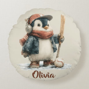 Personalized Winter Penguin Softball Kid Round Cushion
