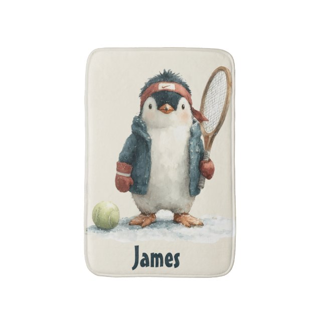 Personalized Winter Penguin Tennis Kid Bath Mat (Front Vertical)
