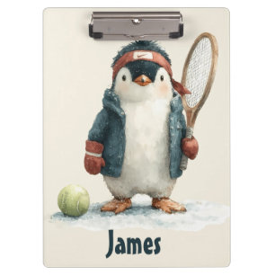 Personalized Winter Penguin Tennis Kid Clipboard