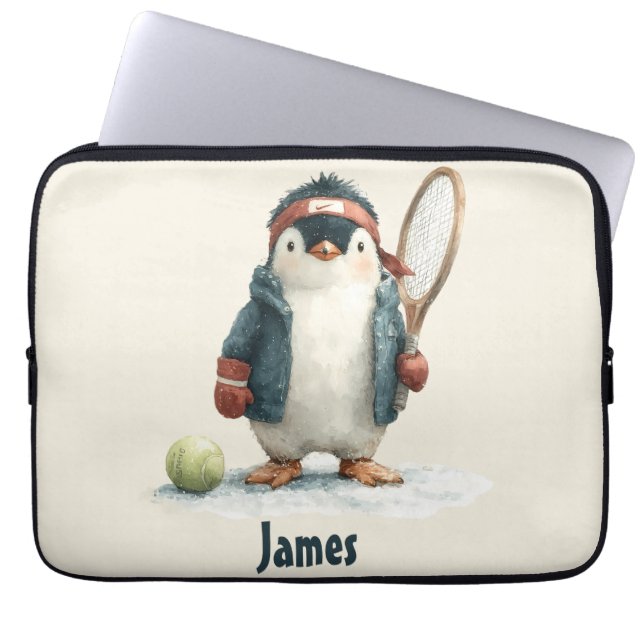 Personalized Winter Penguin Tennis Kid Laptop Sleeve (Front)