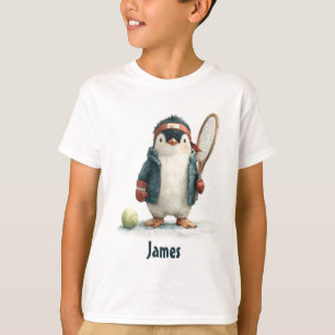 Personalized Winter Penguin Tennis Kid T-Shirt