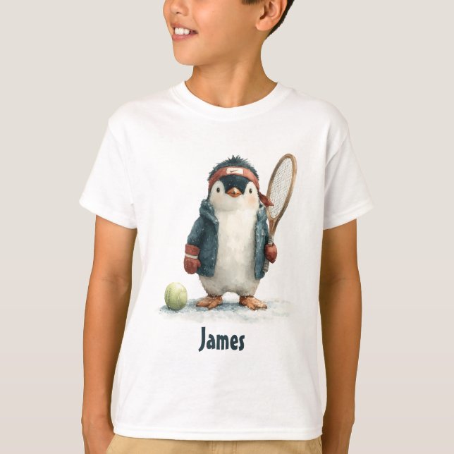 Personalized Winter Penguin Tennis Kid T-Shirt (Front)