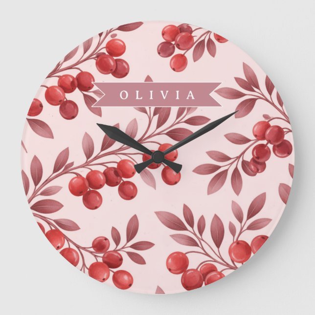 Personalized Winter Red Berry Botanical Cottage Large Clock (Front)