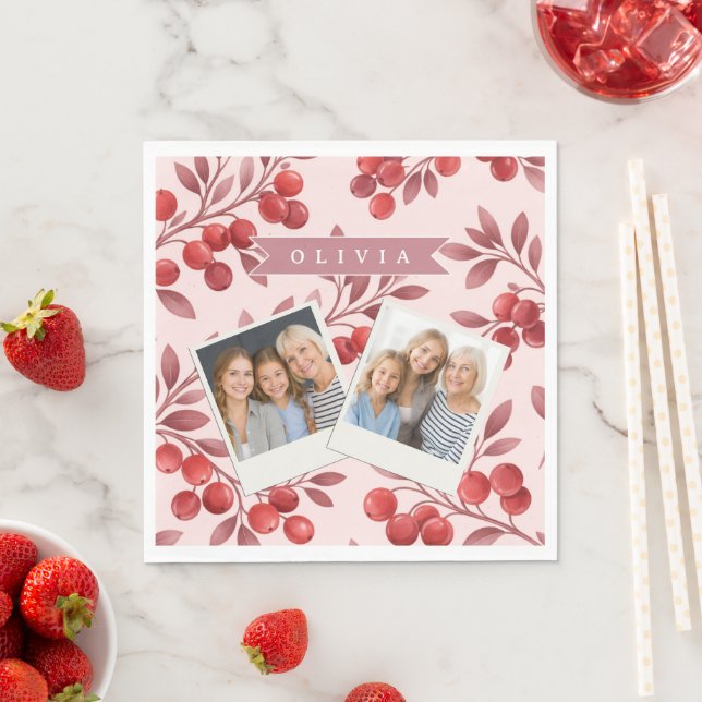 Personalized Winter Red Berry Botanical Cottage Napkin (Insitu)