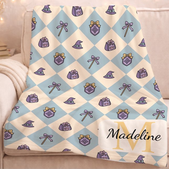 Personalized Wizard School Blue Monogram Name Fleece Blanket (Creator Uploaded)