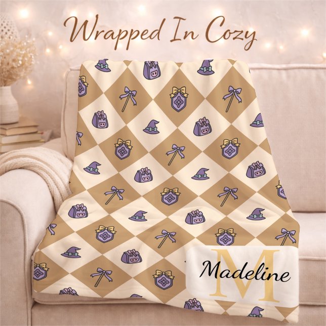 Personalized Wizard School Monogram Name Gold Fleece Blanket (Creator Uploaded)