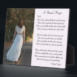 Personalized Woman's Prayer Photo Plaque<br><div class="desc">This photo plaque shows the words of a beautiful song called "A Woman's Prayer, " by Christine Wyrtzen. The photograph shown on this photo plaque is of a young bride in a wedding dress as she walks barefoot on the double yellow line down a deserted country road. This road symbolizes...</div>