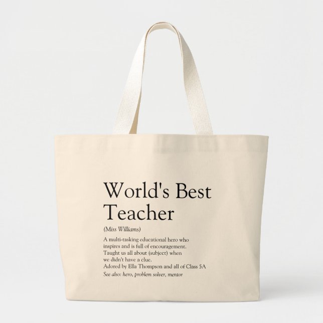 Personalized World's Best Teacher Definition Large Tote Bag (Front)