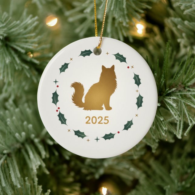 Personalized Year Cat Silhouette with Year  Ceramic Ornament (Tree)